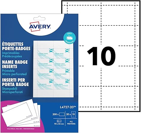 ID/Name tag cards - printable.  90x54mm, white, Pack of 200 inserts